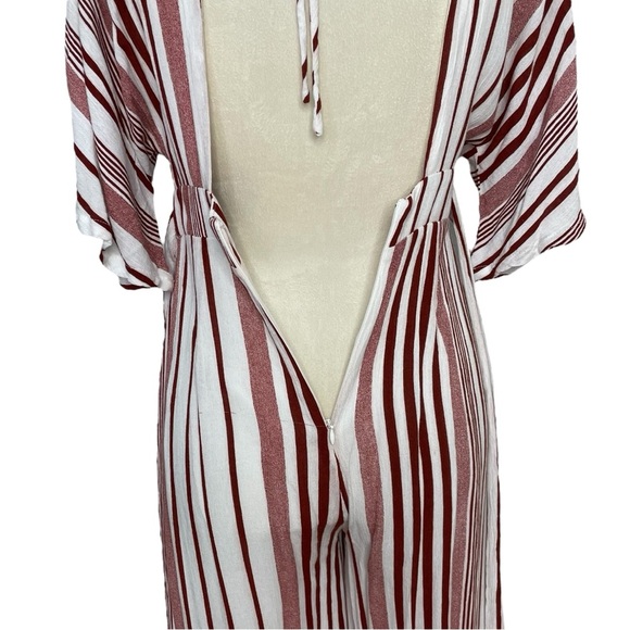 Lulu's Women's Dark Red White Stripped Low Wide Leg Romper Jumpsuit - Picture 6 of 11